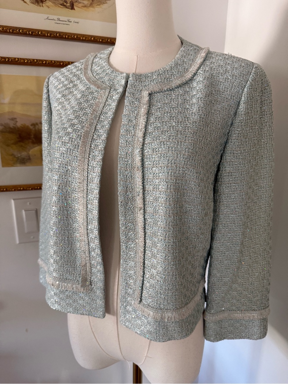 St. John Collection Iridescent Sequin Tweed Open Front Jacket in Seafoam - Picture 5 of 13